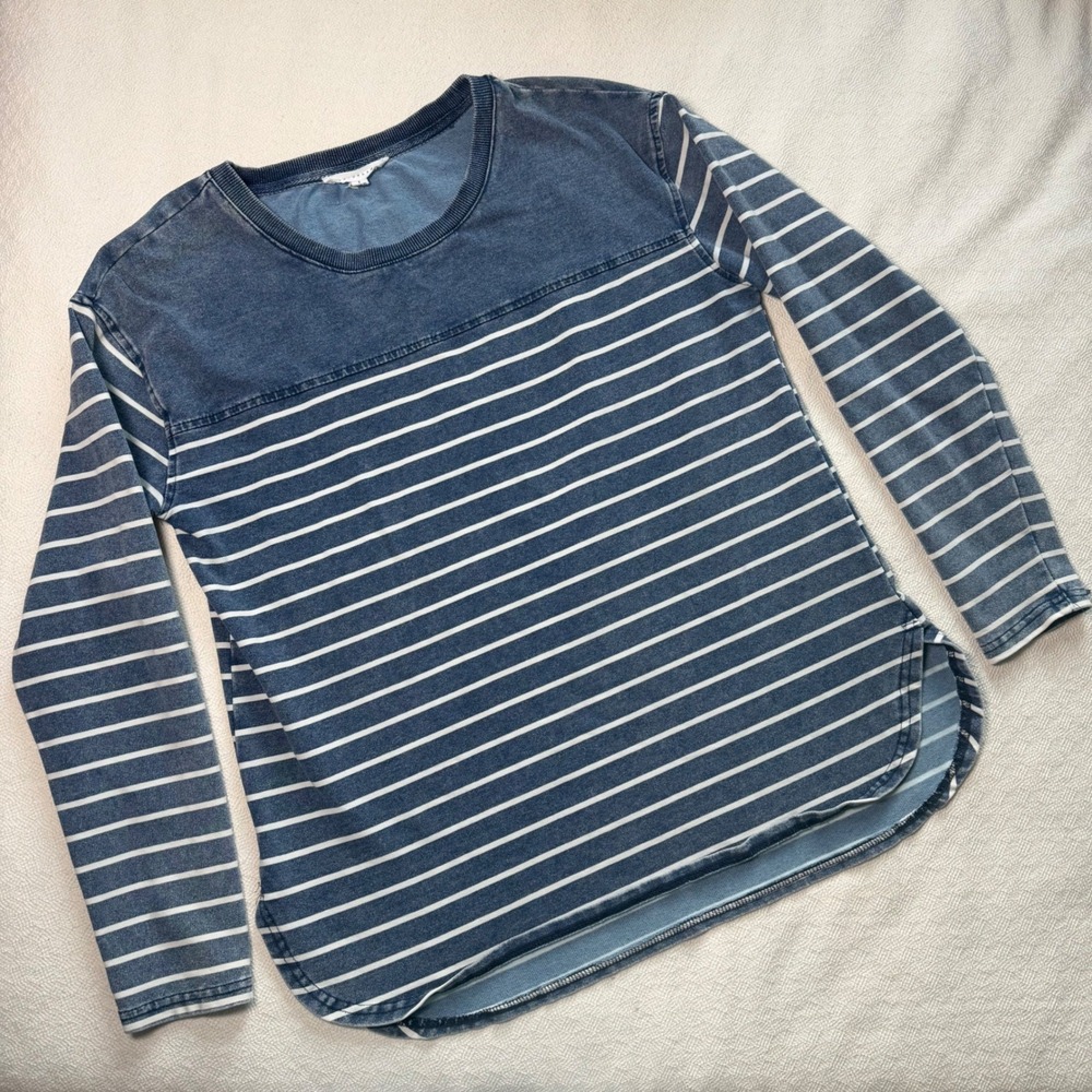 Jane + Delancey Blue White Striped Denim Like Preppy Academia Top Small